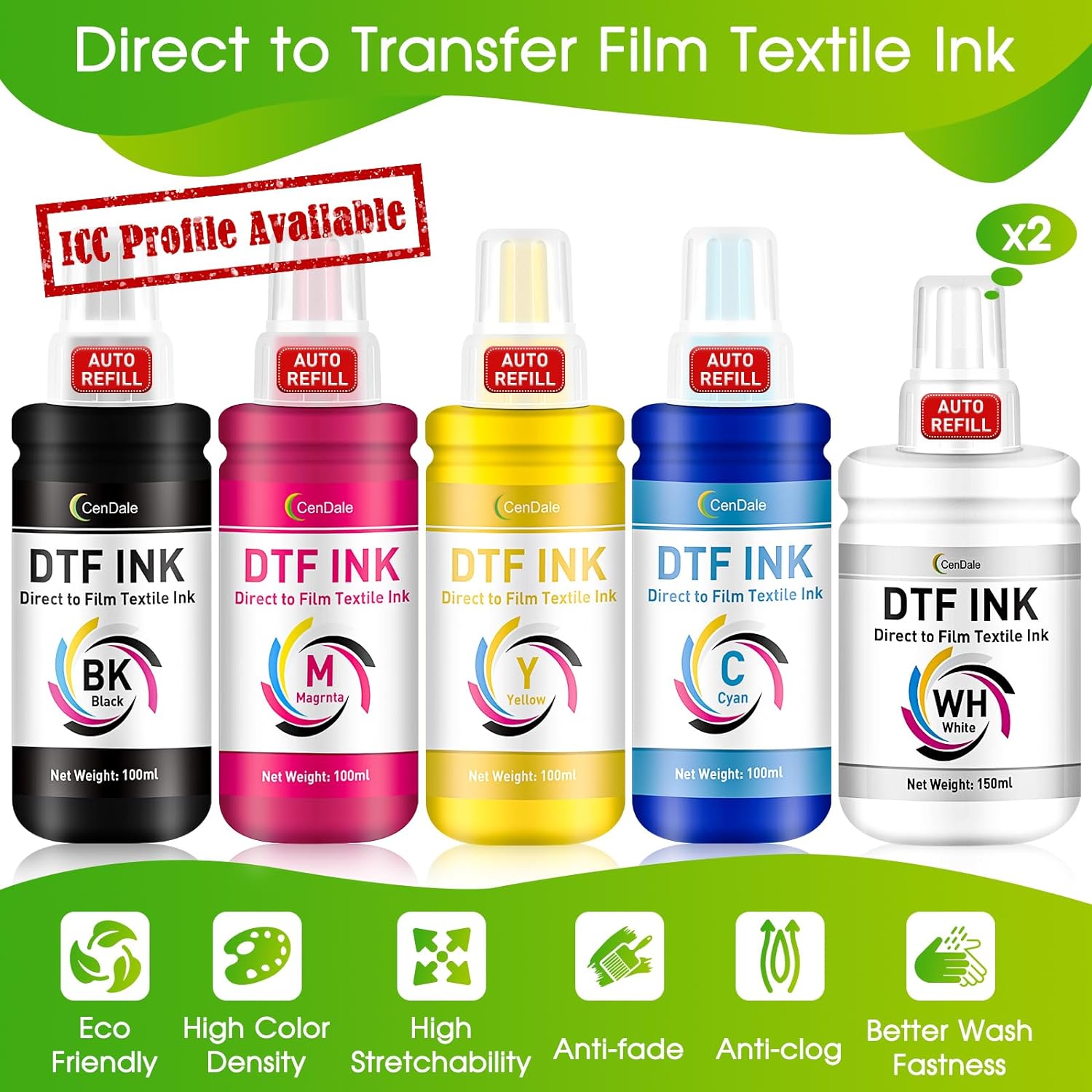 CenDale Premium DTF White Ink DTF Transfer Ink Refill for Epson ET-8550,  L1800, L800, R2400, P400, P800, XP15000, Heat Transfer Printing Direct to