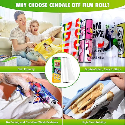 CenDale DTF Transfer Film Roll 13" x 65.6ft - Premium A3+ DTF Film Roll