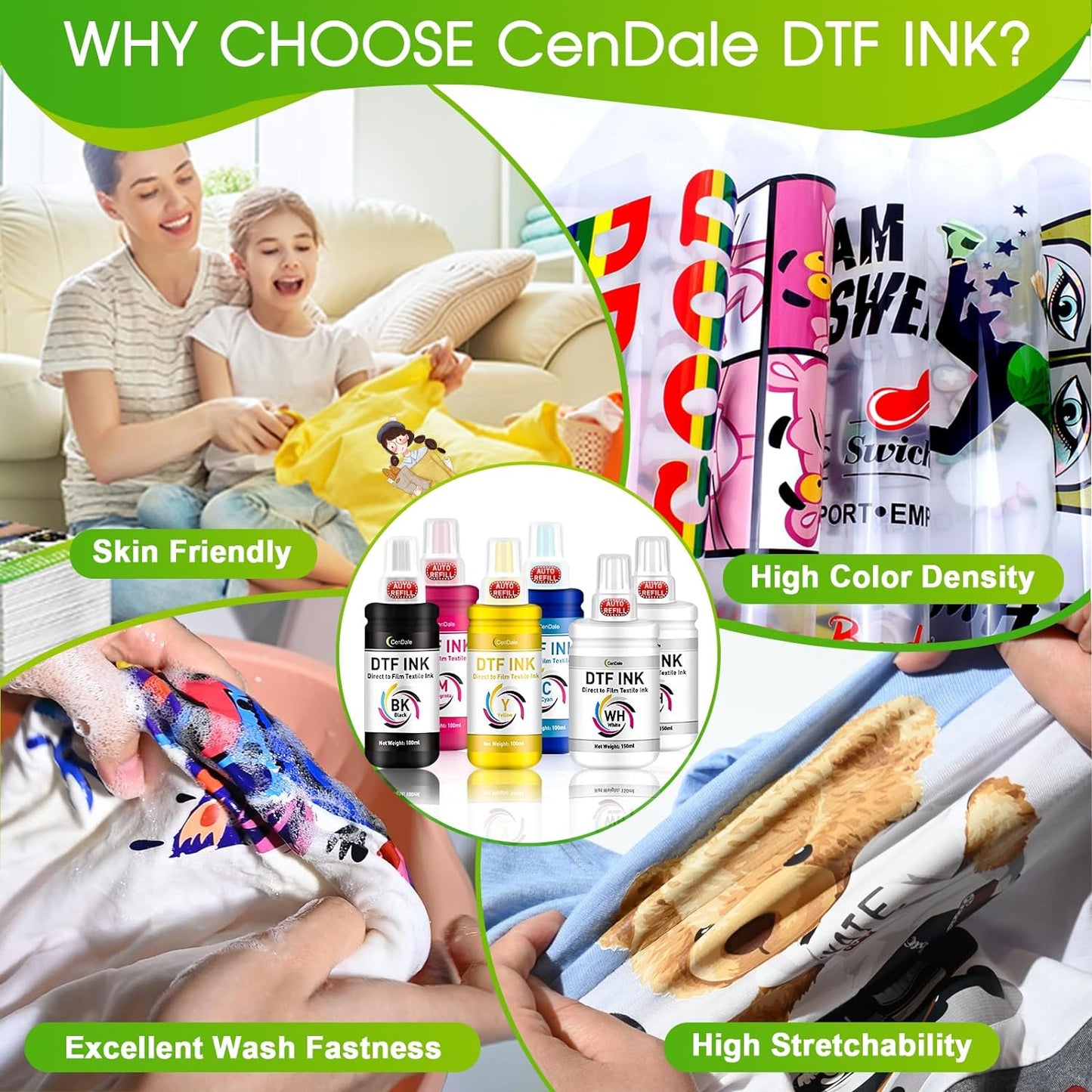 CenDale Upgraded Ecotank DTF Ink - 700ML Auto-Fill DTF Transfer Ink for Epson ET-8550 ET-8500 Printers (100ml x 4 CMYK, 150 x 2 Wh)