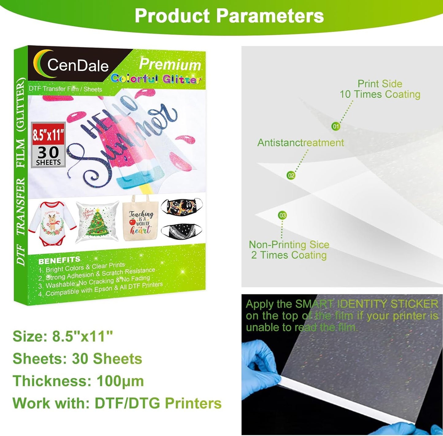 CenDale Glitter DTF Transfer Film - 8.5"x11" 30 Sheets Colorful Glitter DTF Film for Sublimation Hack, Direct to Film Printing
