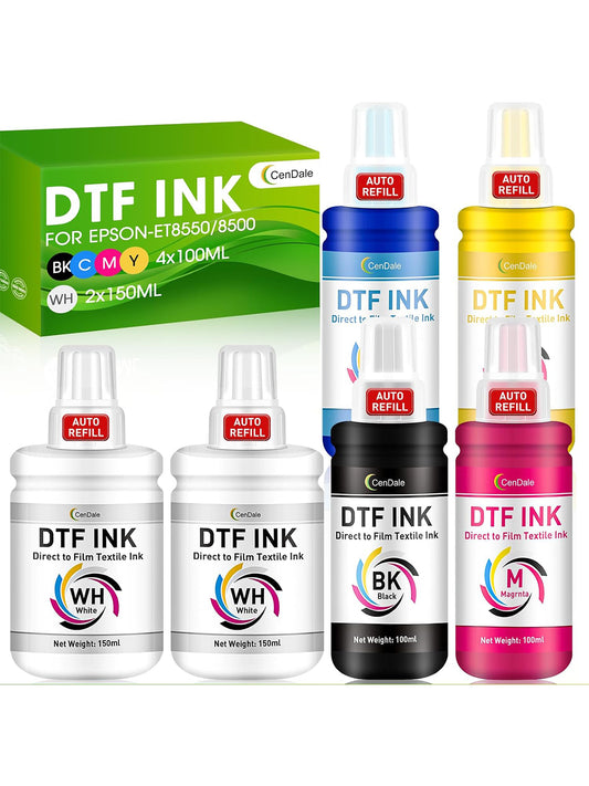 CenDale Upgraded Ecotank DTF Ink - 700ML Auto-Fill DTF Transfer Ink for Epson ET-8550 ET-8500 Printers (100ml x 4 CMYK, 150 x 2 Wh)