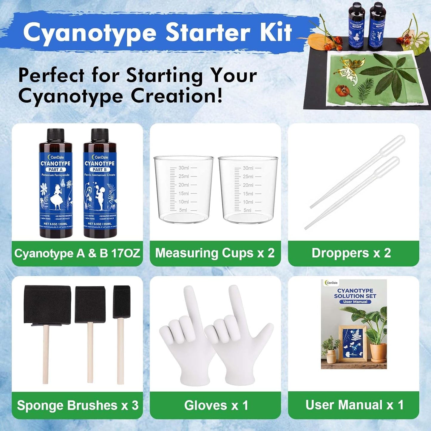 CenDale Cyanotype Kit - 17 OZ Cyanotype Solution Sensitizer Set for Sun Printing on Paper & Fabric