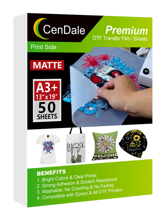 CenDale DTF Transfer Film 13"x19" - A3 Plus 50 Sheets Double-Sided Matte PET Heat Transfer Film