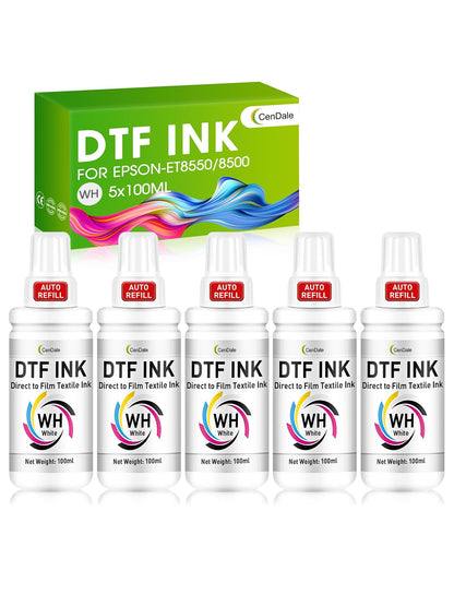 DTF Ink White 500ML - Auto-Fill DTF Transfer Ink White for DTF Printers, Epson ET-8550 ET-8500 Printers, Heat Transfer Printing White Ink 100ml x 5 (Anti-UV/ICC-Free)
