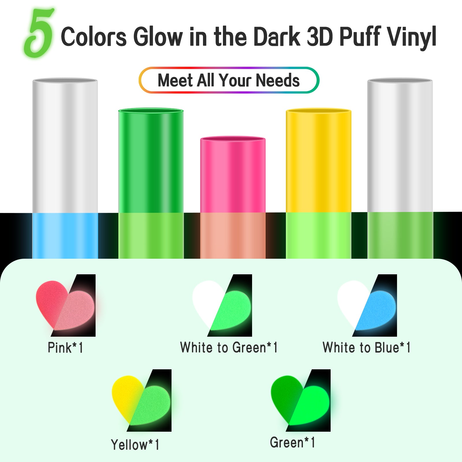 CenDale 3D Puff Vinyl HTV Glow in The Dark 12''x 10'' - 5 Colors