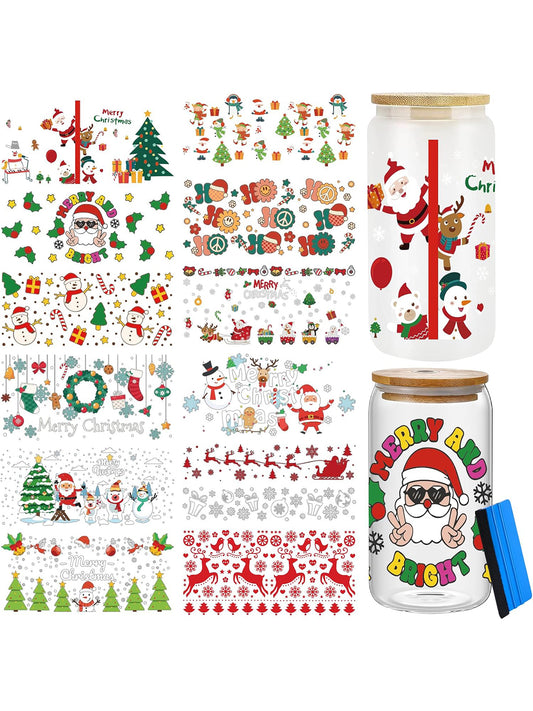 CenDale UV DTF Cup Wrap - 12 Sheets Christmas UV DTF Transfer Cup Stickers Decals (Snowman Santa)