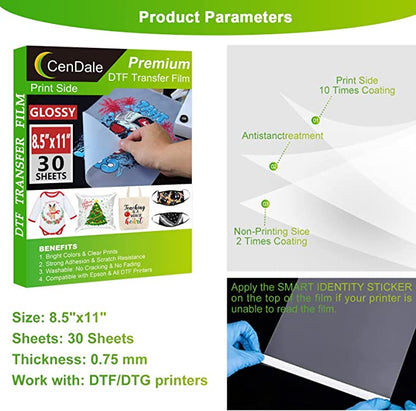 CenDale Premium DTF Transfer Film 8.5"x11" - 30 Sheets Single-Sided Glossy Clear PreTreat Sheets PET Heat Transfer Paper