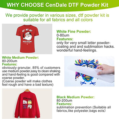 CenDale DTF Powder Kit - Fine Medium White Black Digital DTF Transfer Powder Hot Melt Adhesive Powder
