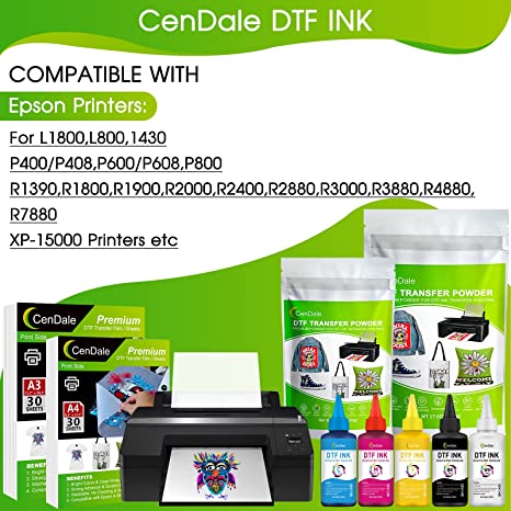 CenDale DTF Ink Premium Heat Transfer Ink for Epson ET-8550, L1800, L800,  R2400, P400, P800, XP15000 - Printing Direct to Film (250ml x 6, CMYK Wh)